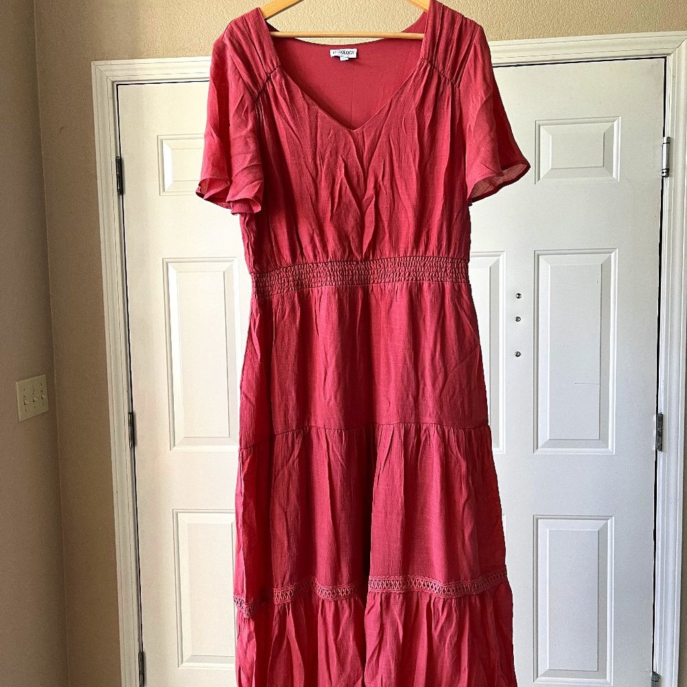 Soft Coral flutter sleeve summer midi-dress